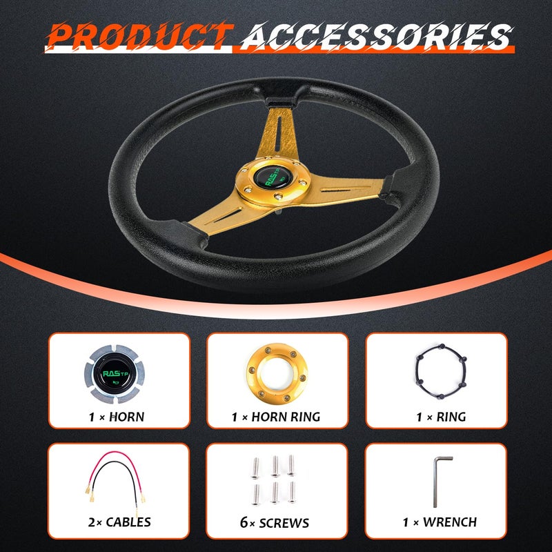 RASTP Universal Racing Steering Wheel 13.8â€/350mm 6 Bolts Grip Vinyl Leather & Aluminum with Horn Button for Car -Gold - Image 4